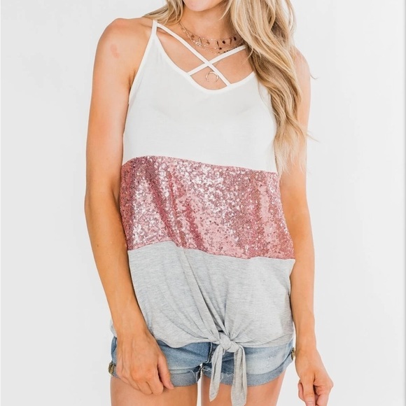 Full Of Sparkle Front‎ Knot Halter Top- Ivory, Pink, & Gray - Picture 1 of 7
